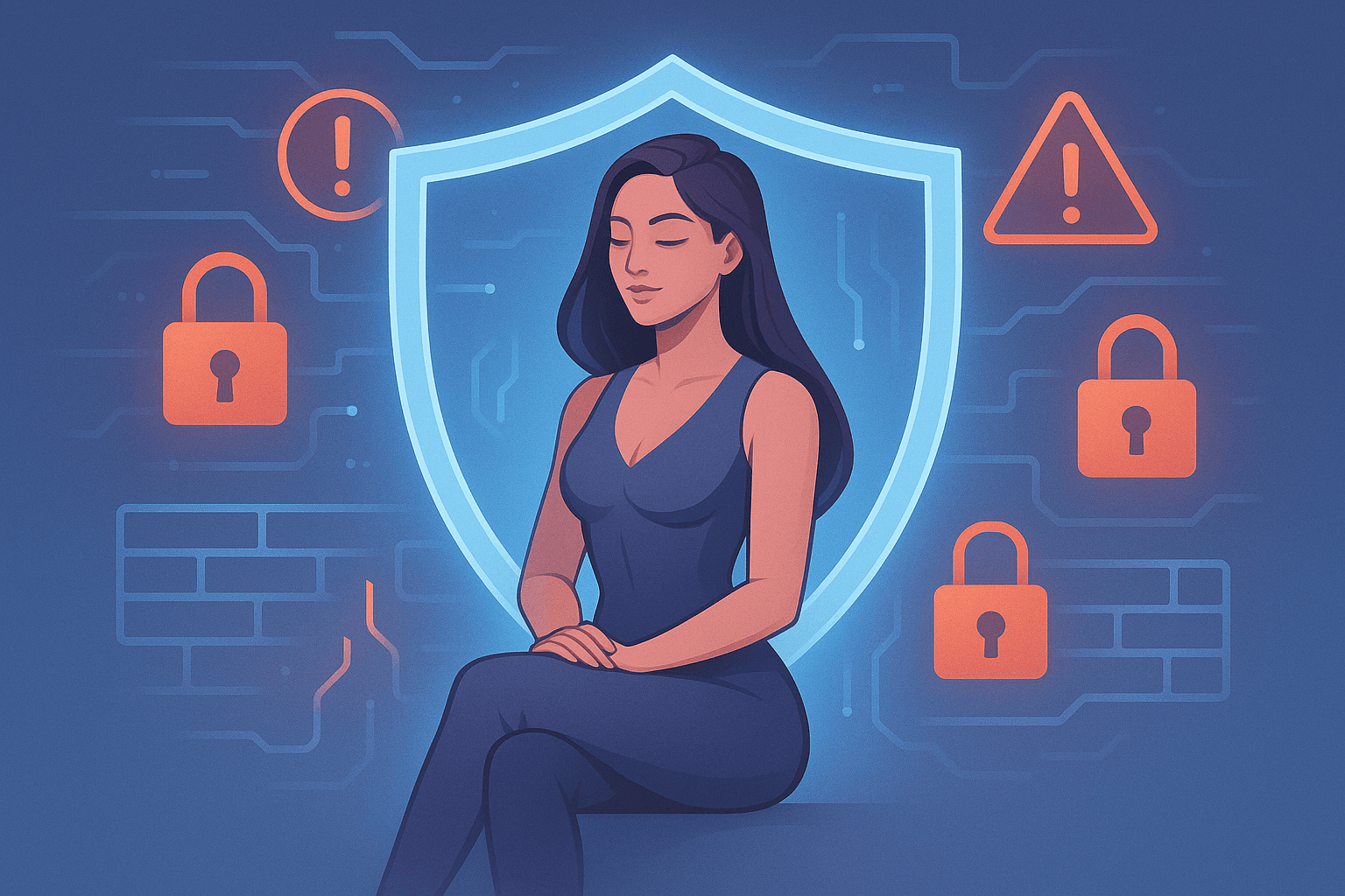 A confident woman surrounded by glowing padlocks and a security shield icon, representing Lovefy’s strong commitment to user safety and content moderation in AI porn chat.