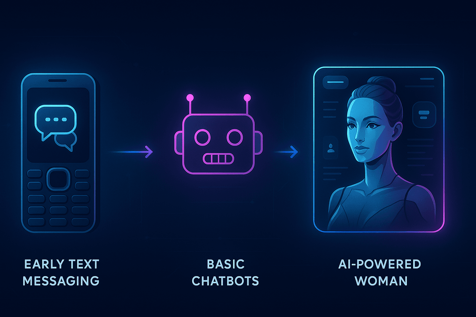 A stylized timeline illustrating the evolution of AI adult chat technologies, from basic bots to immersive, realistic AI-driven experiences.