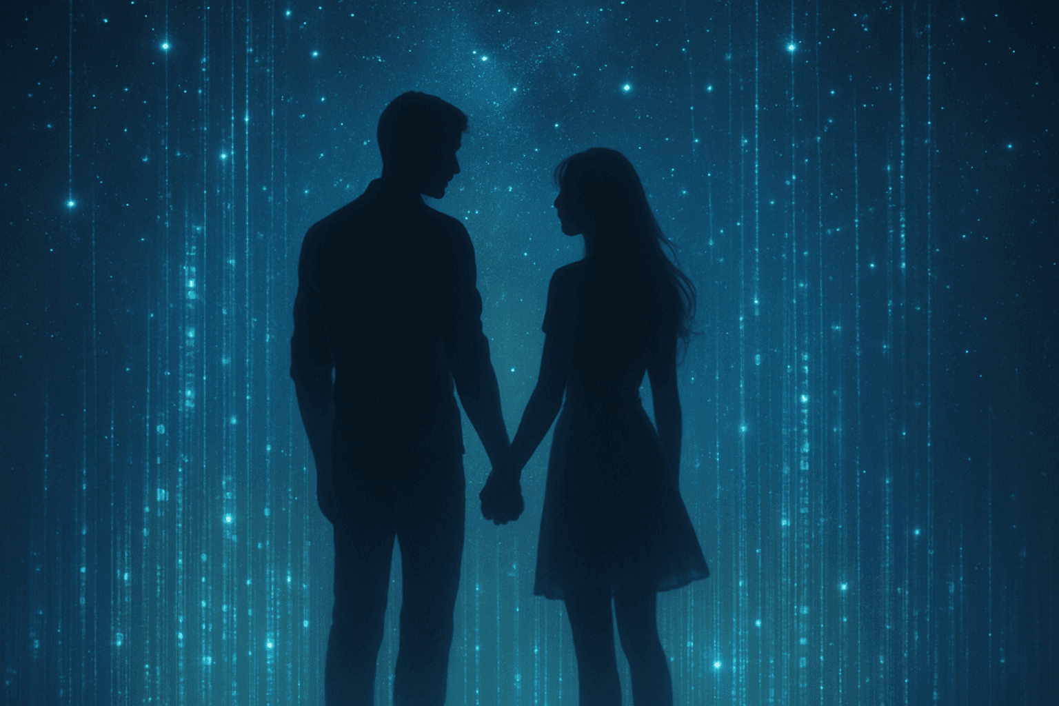 Digital couple silhouette in a virtual romantic environment